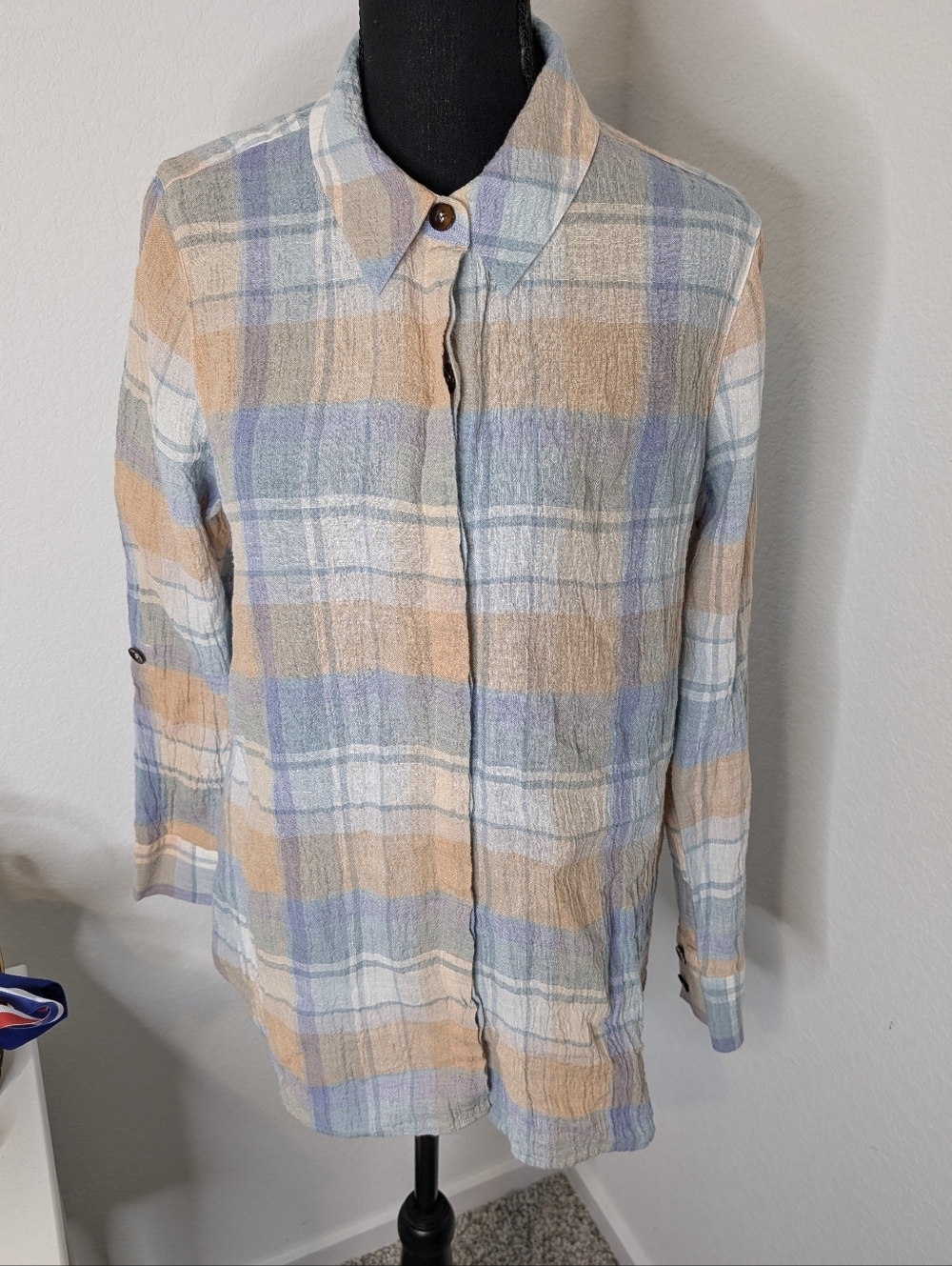 Soft Surroundings Rainbow Row Pastel Plaid Linen Shirt Medium - Picture 2 of 7